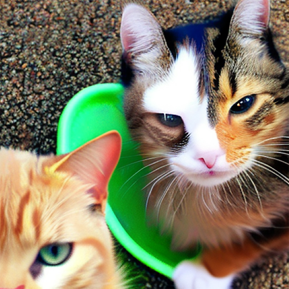 Two cats outdoors near a bright green bowl. The background appears to be a gravel or textured surface.