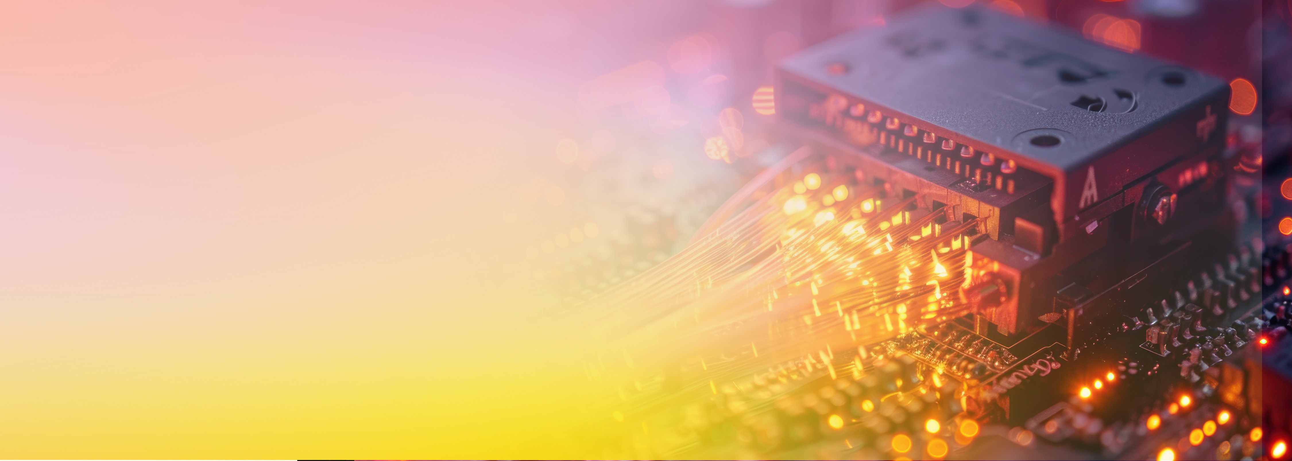 Close-up of fiber optic cables connected to a circuit board, with illuminated lights and a colorful gradient overlay.