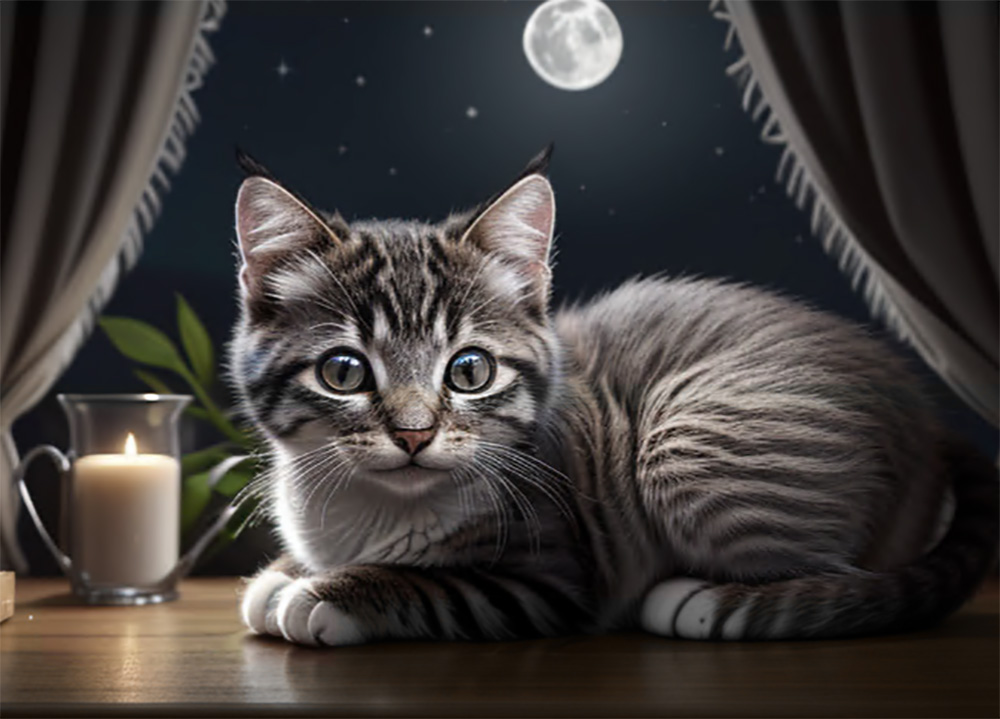 A tabby cat lies on a wooden surface between open curtains, illuminated by a candle, with a full moon shining in the night sky in the background.