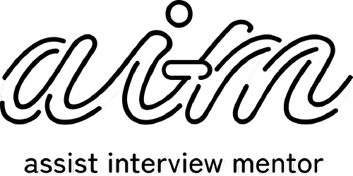 Logo for AIM (Assist Interview Mentor) featuring stylized script text reading 'aim' and the words 'assist interview mentor' below.