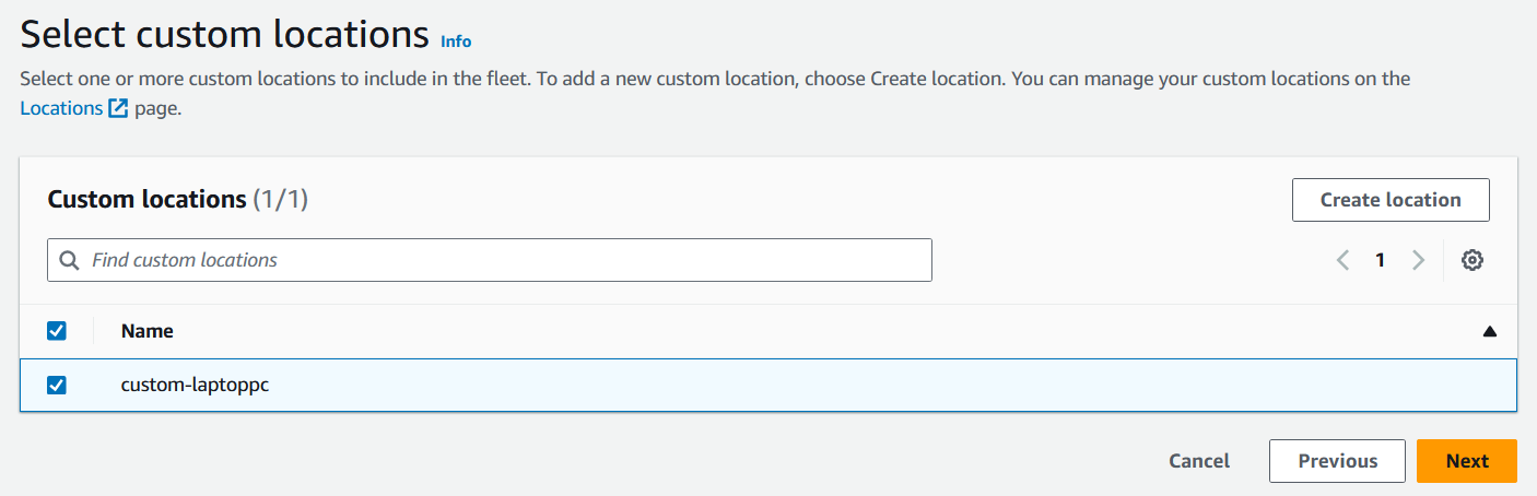 Screenshot of the AWS management console showing the 'Select custom locations' screen, with a custom location named 'custom-laptopc' selected and options to create new locations or proceed to the next step.