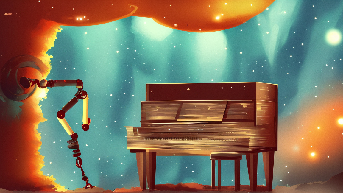 An abstract digital artwork featuring a robotic arm reaching toward or playing a wooden piano under a vibrant, cosmic-themed background with bright orange and teal hues. The scene represents a fusion of technology and art.