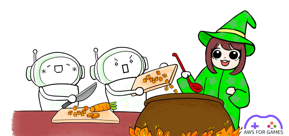 Cartoon illustration of two robots chopping vegetables and a girl in a green wizard costume stirring a cauldron, with an AWS for Games logo. Represents forecasting dormant users in games.