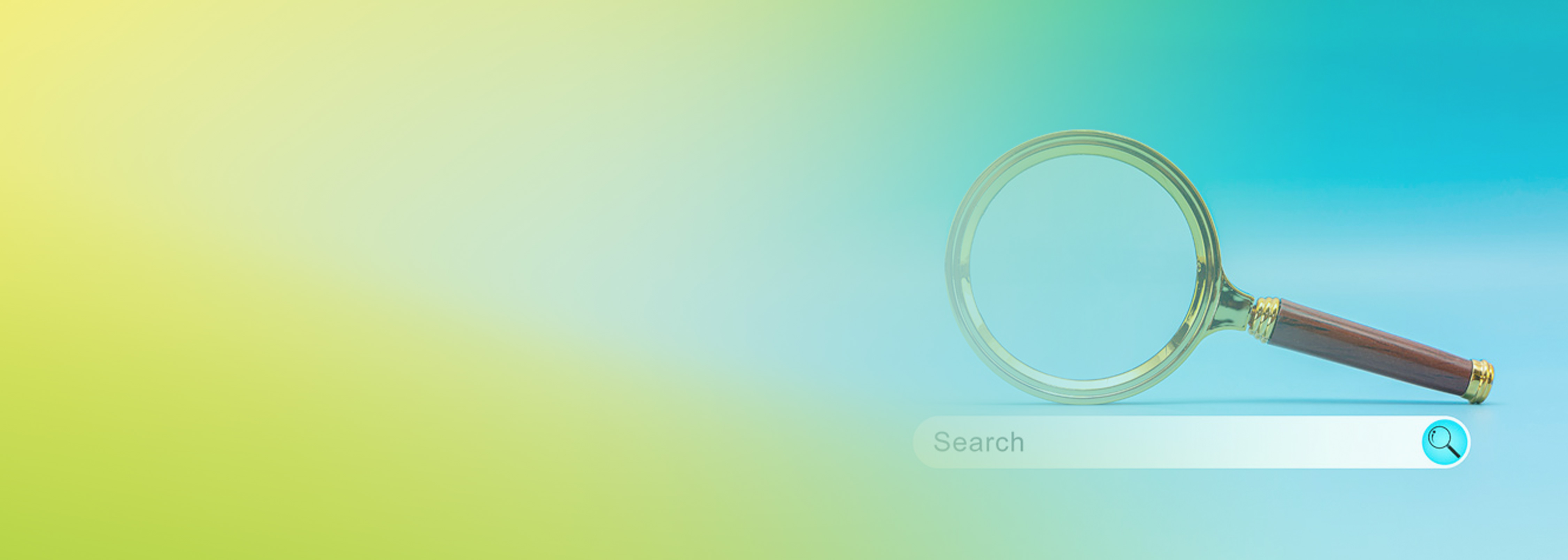A magnifying glass and a search bar with the word 'Search' on a blue and yellow gradient background, representing a search system interface.