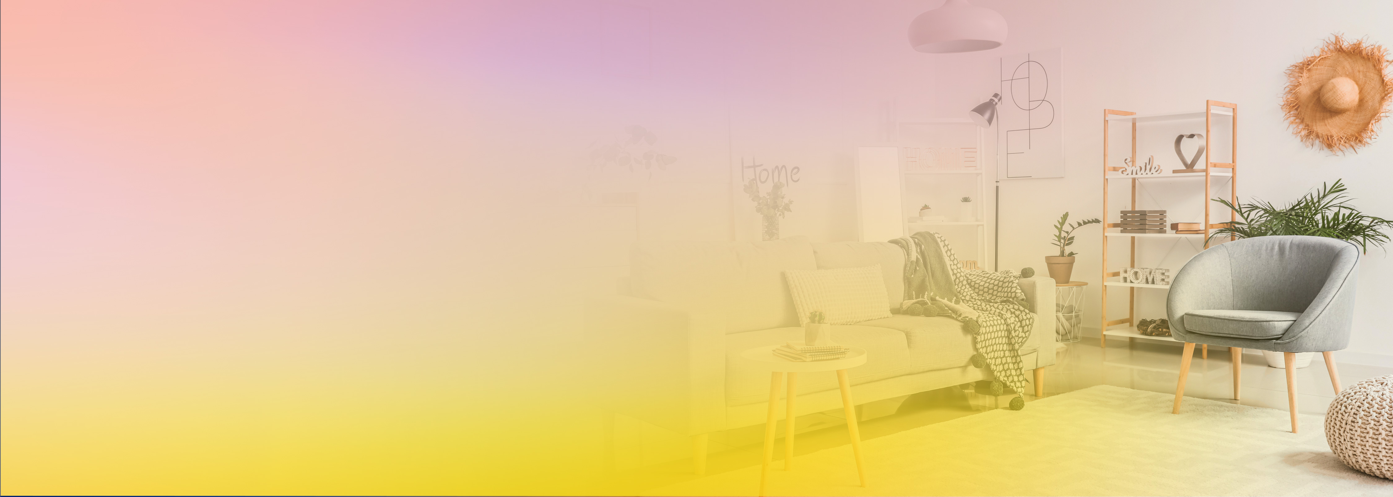 Modern living room interior with pastel gradient overlay, featuring a sofa, armchair, coffee table, potted plants, and home decor. Used as a background or illustrative visual for the Lambda object detection system.