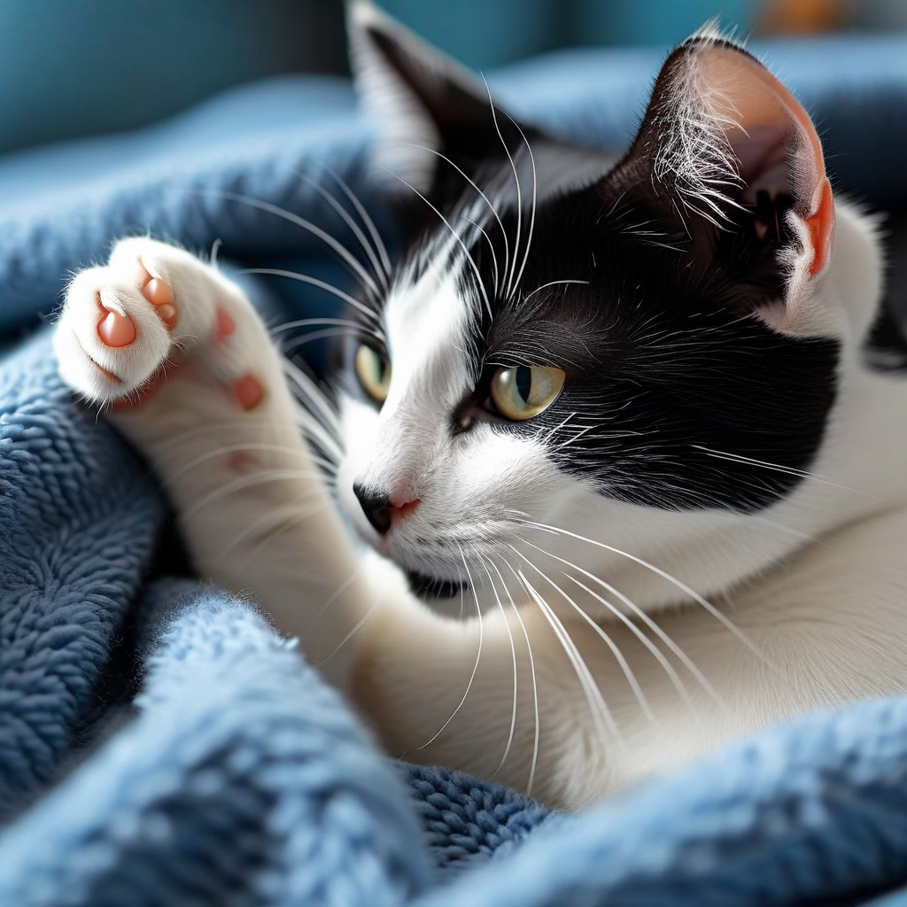 A close-up of a black and white cat lying on a soft blue blanket, raising its paw. The cat looks relaxed and comfortable.