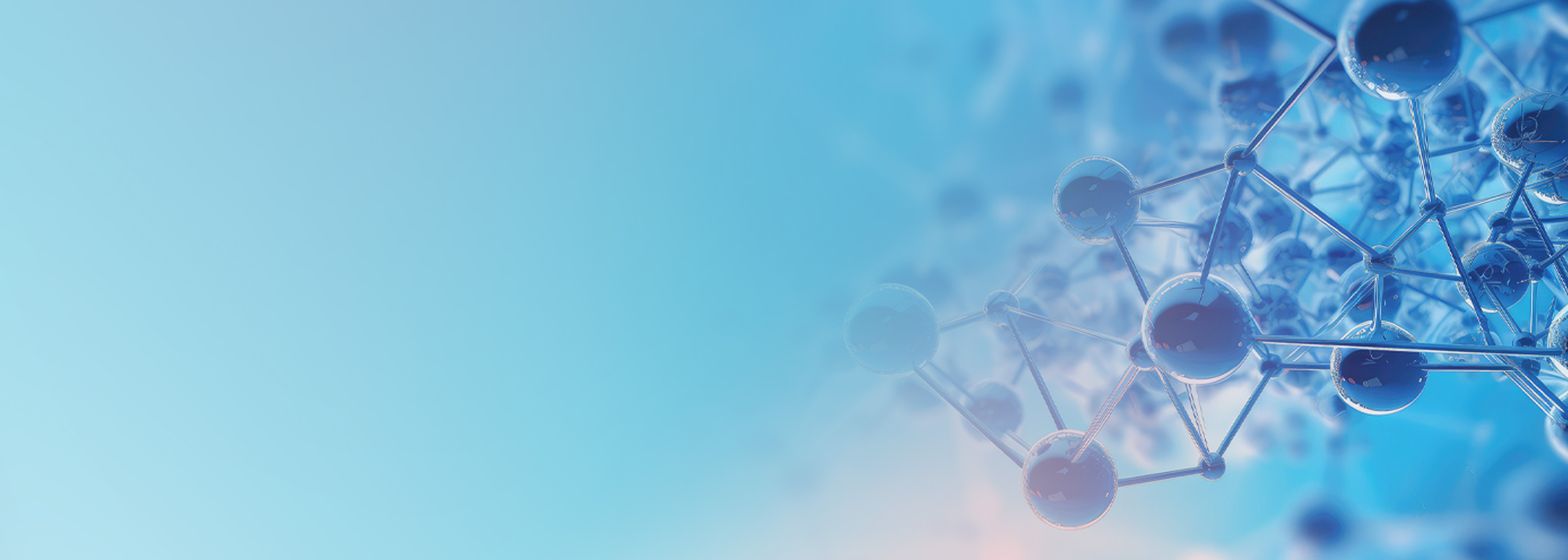 A digital illustration of an abstract molecular structure with connected spheres and rods on a blue gradient background, conveying themes of science, technology, or research.