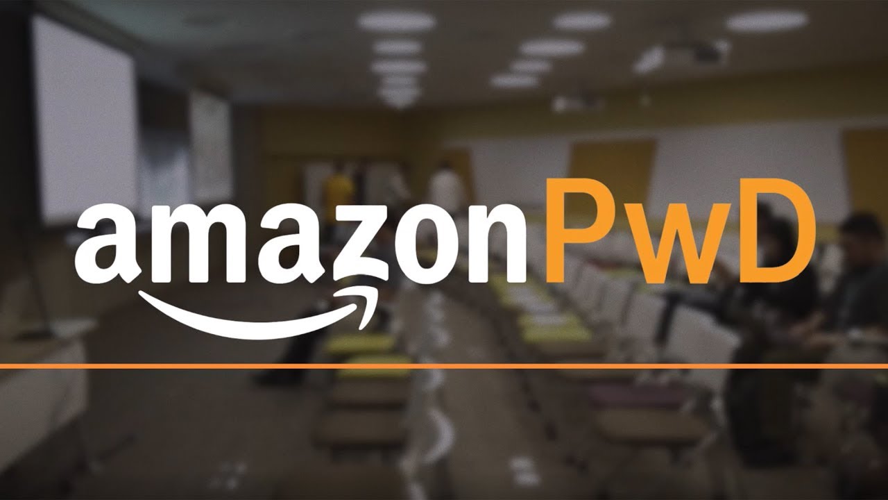 YouTube thumbnail image for an Amazon Persons with Disabilities (PwD) event, featuring the Amazon logo and 'PwD' text over a blurred background of an event room with chairs.