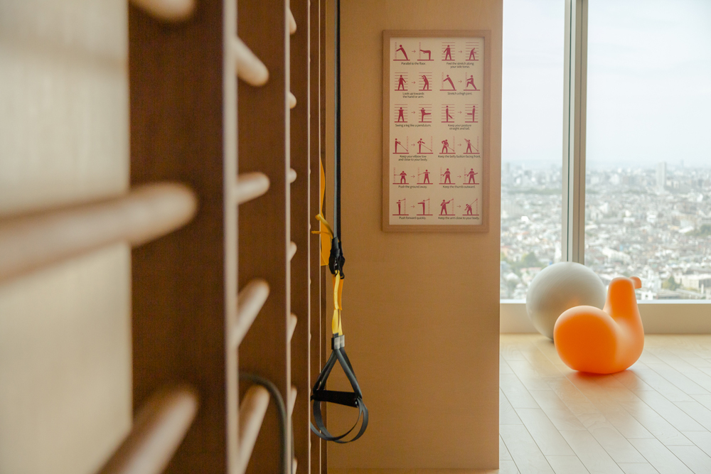 A modern gym space with wooden wall bars, a TRX strap, an exercise poster, and an orange and gray exercise ball near a large window overlooking a cityscape.