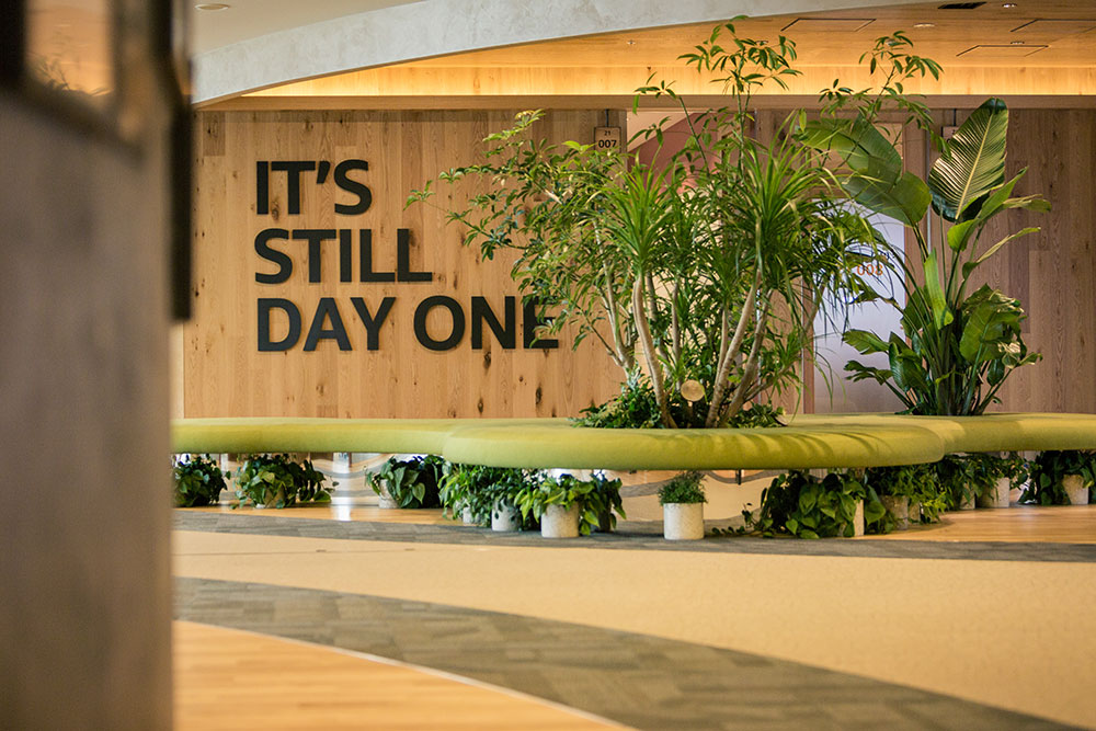 A modern office interior featuring lush green plants and a large wall sign that reads 'IT'S STILL DAY ONE'. The seating area and natural elements create a welcoming and inspiring workspace environment.