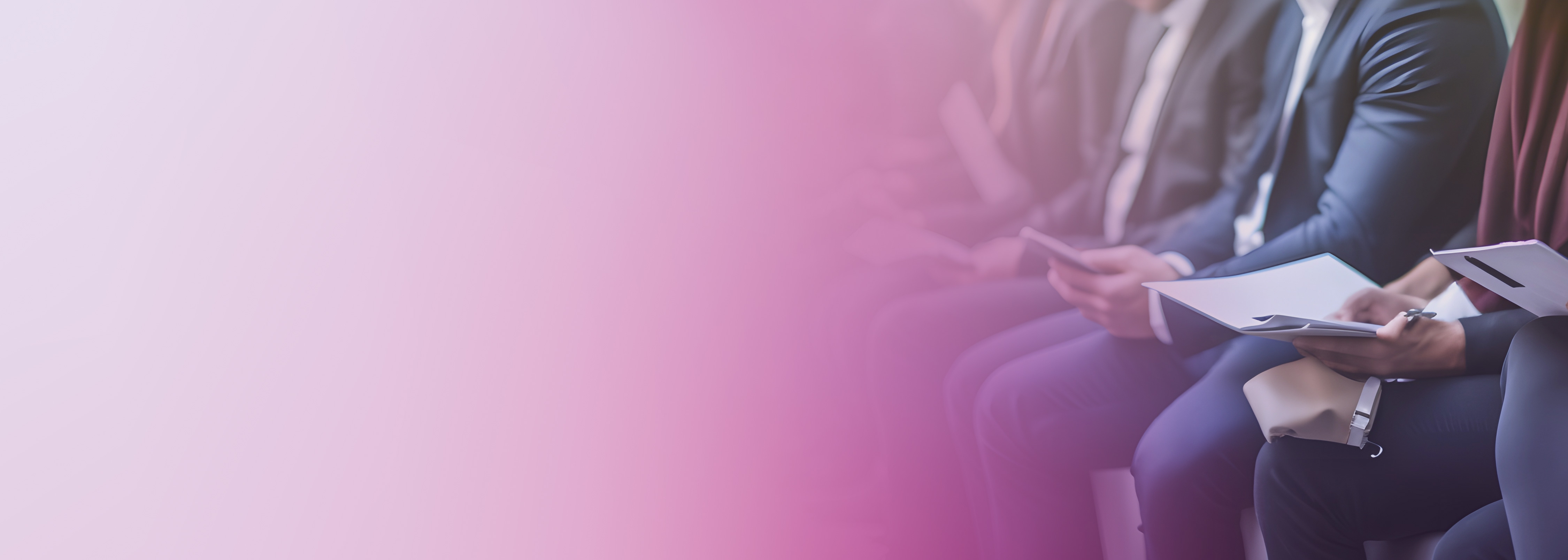 A group of suited candidates seated in a row, holding notepads and tablets, waiting for an interview. The image has a pink gradient overlay, conveying a modern, professional atmosphere for interview preparation or practice.