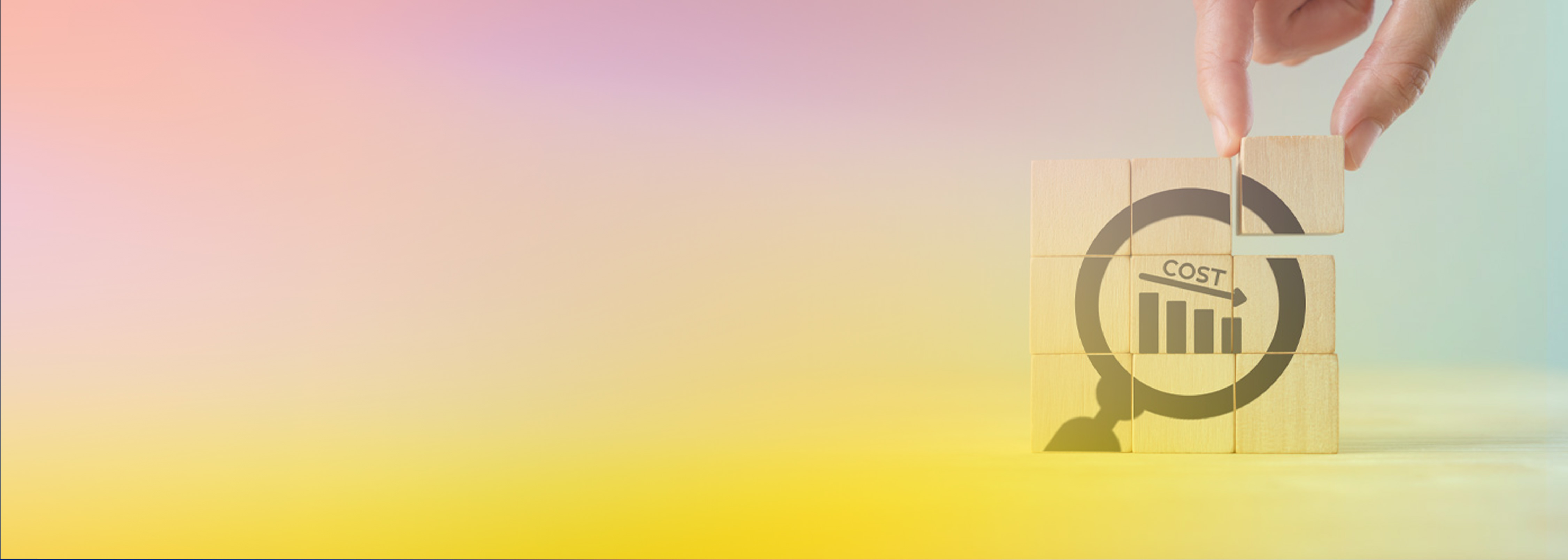 A conceptual image showing wooden cubes being assembled by a hand to form a circular cost optimization icon with a downward graph, representing AWS 2024 cost optimization strategies on a pastel background.