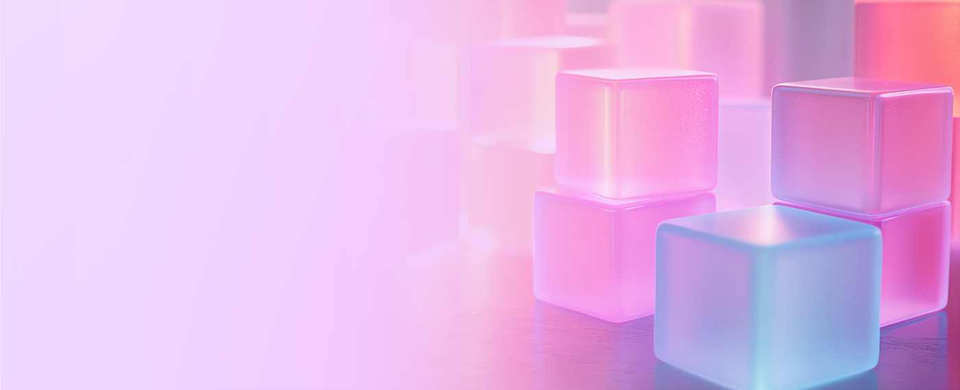 An abstract background featuring glowing cubes in pastel colors with a soft, blurred effect.