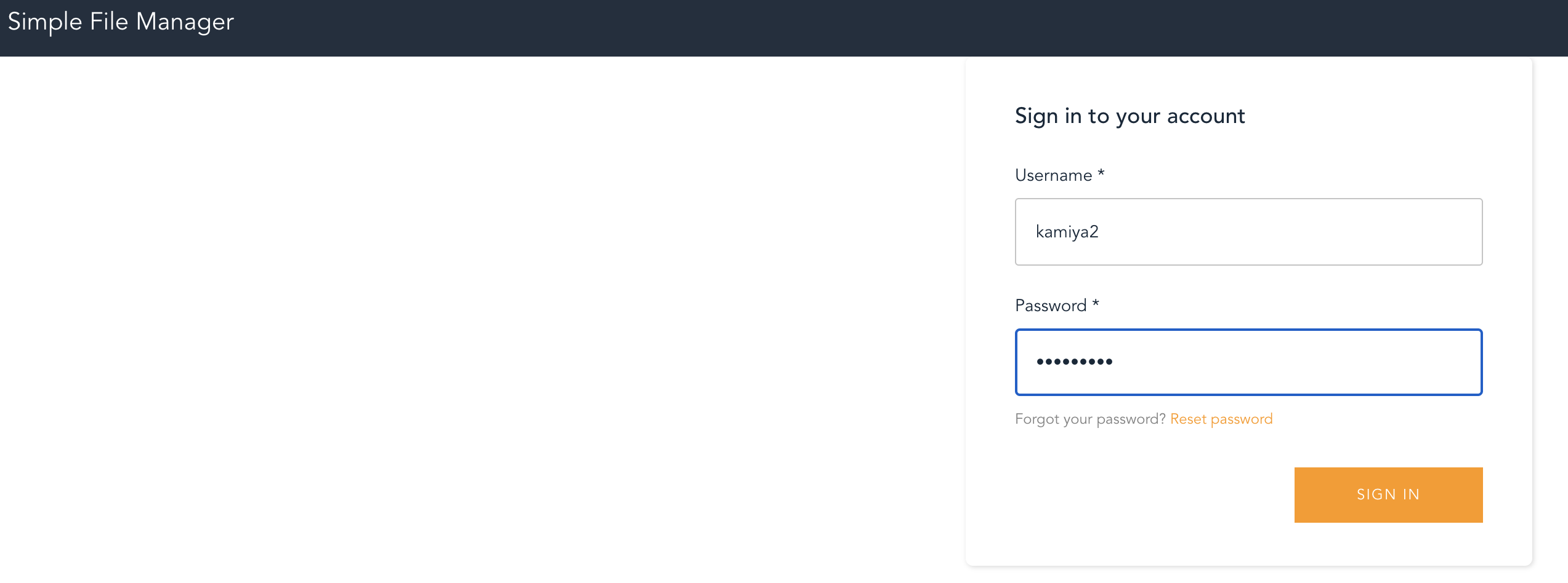 Screenshot of the Simple File Manager login screen for Amazon EFS, showing fields for username and password, and a sign-in button.