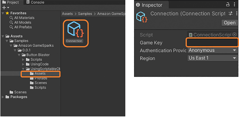 Screenshot showing the Unity Inspector interface with Amazon GameSparks connection script setup, highlighting the Assets folder, connection script, and fields for Game Key, Authentication Provider, and Region configuration.