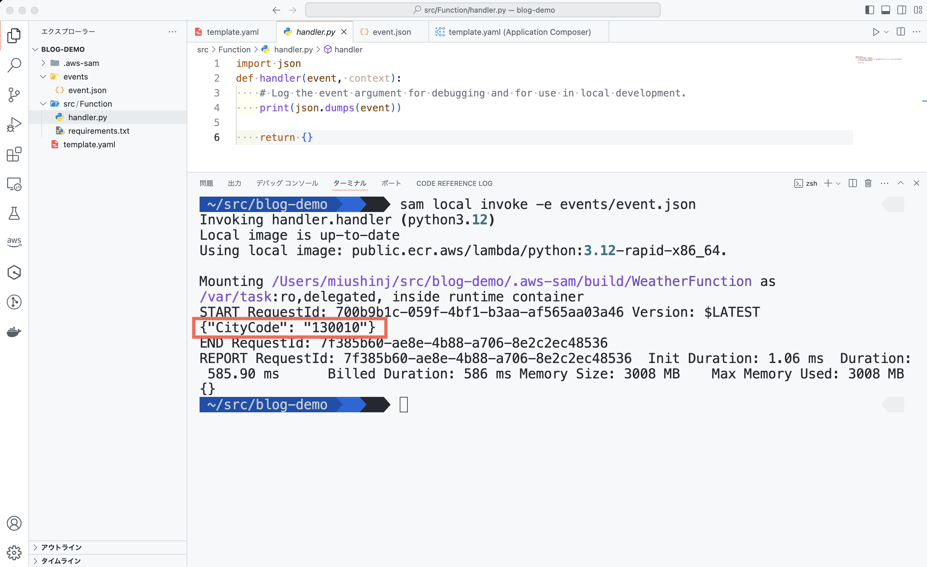 Screenshot showing the terminal output from running an AWS SAM local invoke command for a Python handler function. The image displays the invocation output, including a sample event with CityCode and AWS Lambda execution metrics, within a development environment.