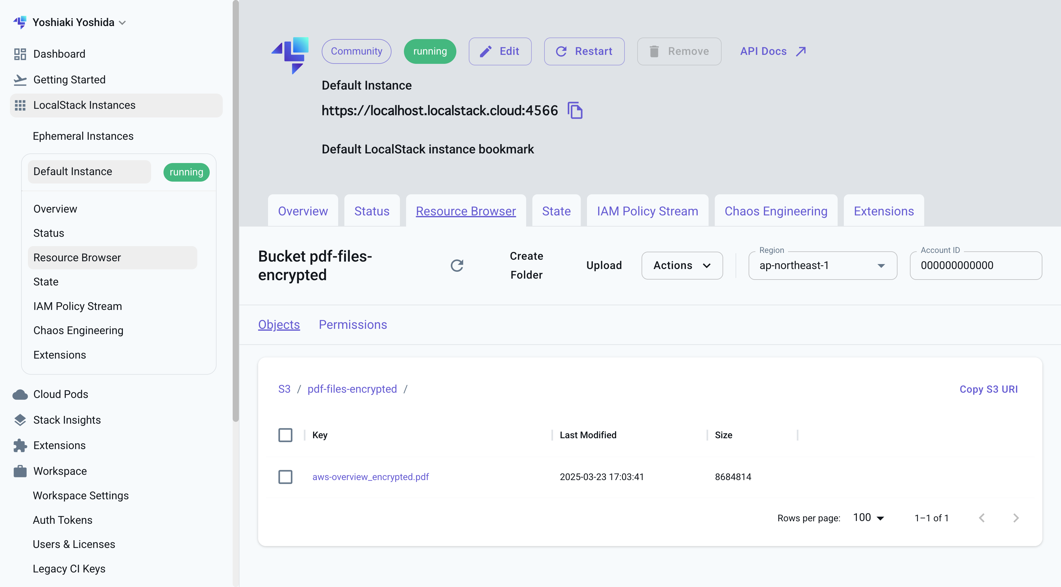 Screenshot of the LocalStack Resource Browser showing an S3 bucket named 'pdf-files-encrypted' containing an encrypted PDF file. The interface displays bucket details, file metadata, and navigation options in a cloud development environment.