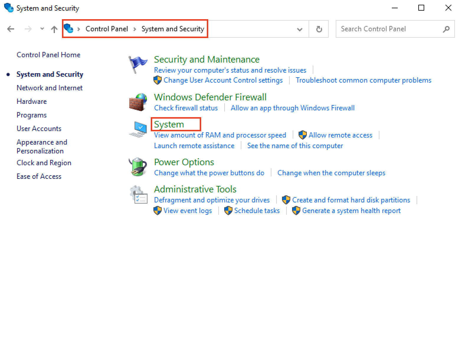 Screenshot of the Windows Control Panel under 'System and Security' with the 'System' option highlighted. The breadcrumb navigation shows 'Control Panel > System and Security'. The page lists various administrative options including Security and Maintenance, Windows Defender Firewall, Power Options, and Administrative Tools.