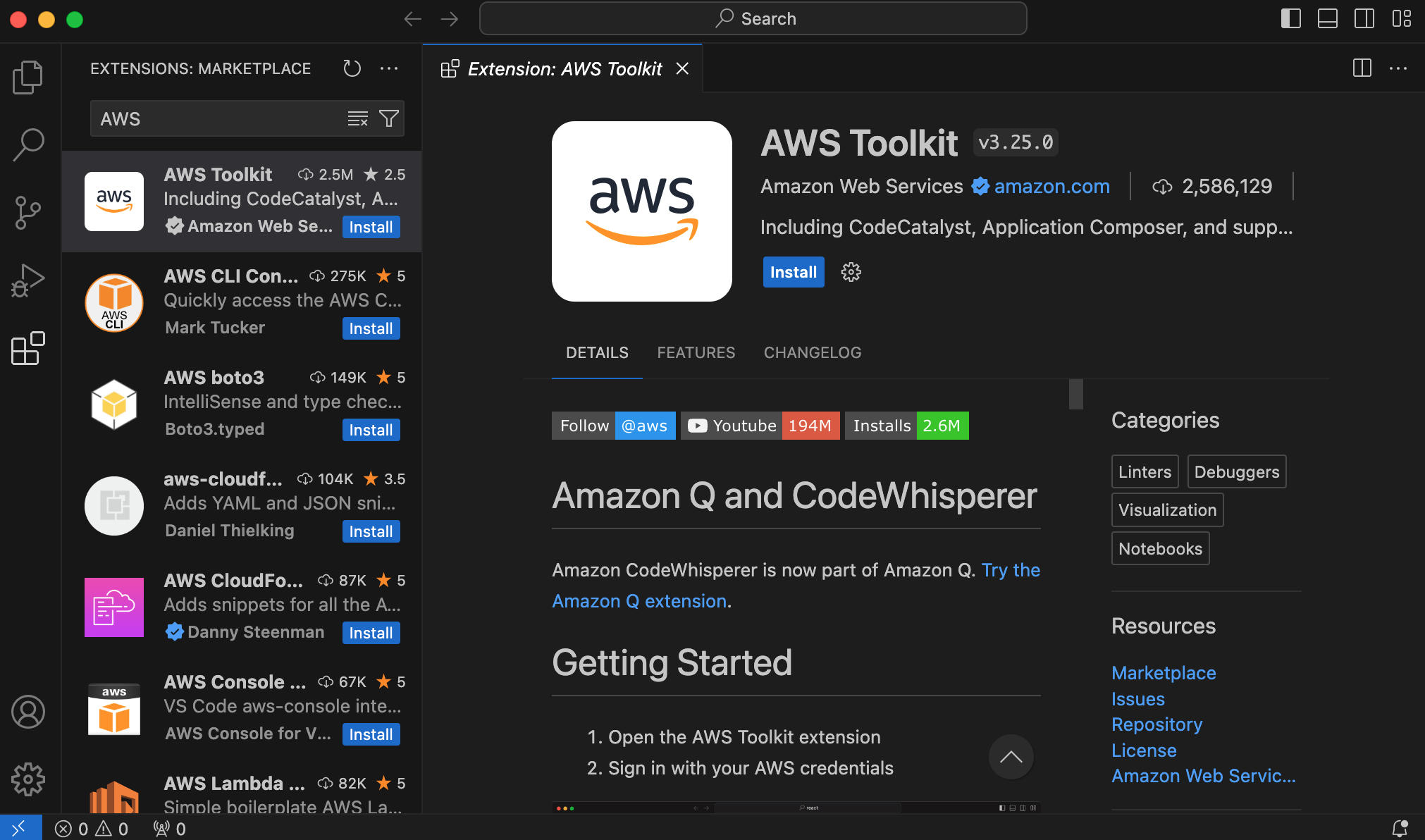 Screenshot of the AWS Toolkit extension listing in the Visual Studio Code Marketplace, showing the extension interface, description, install count, and user interface within VS Code. The main panel displays details about AWS Toolkit by Amazon Web Services, including integration with Amazon Q and CodeWhisperer.