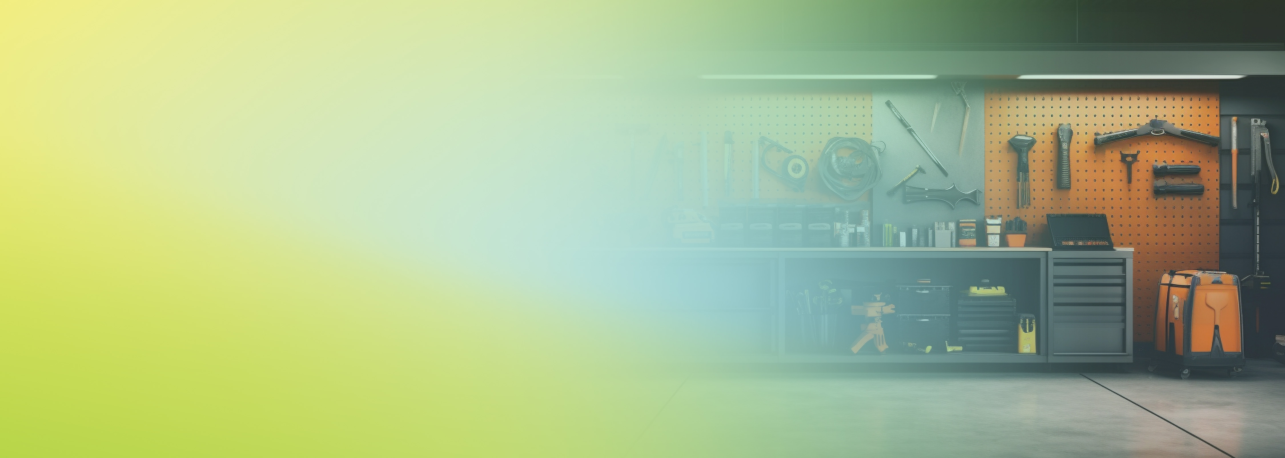 Workshop bench with tools and equipment on an orange pegboard, partially covered by a green and blue gradient, representing a builder or developer environment for CDK and AWS Amplify Gen 2 introduction.