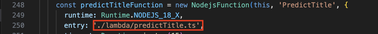 Screenshot of a code editor with a highlighted './lambda/predictTitle.ts' entry path for an AWS Lambda function, written in TypeScript. The entry property is emphasized in orange, demonstrating configuration within a NodejsFunction instance.