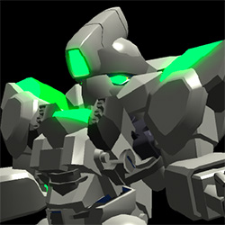 A 3D-rendered robot mecha featuring green illuminated lights on its body, set against a black background.