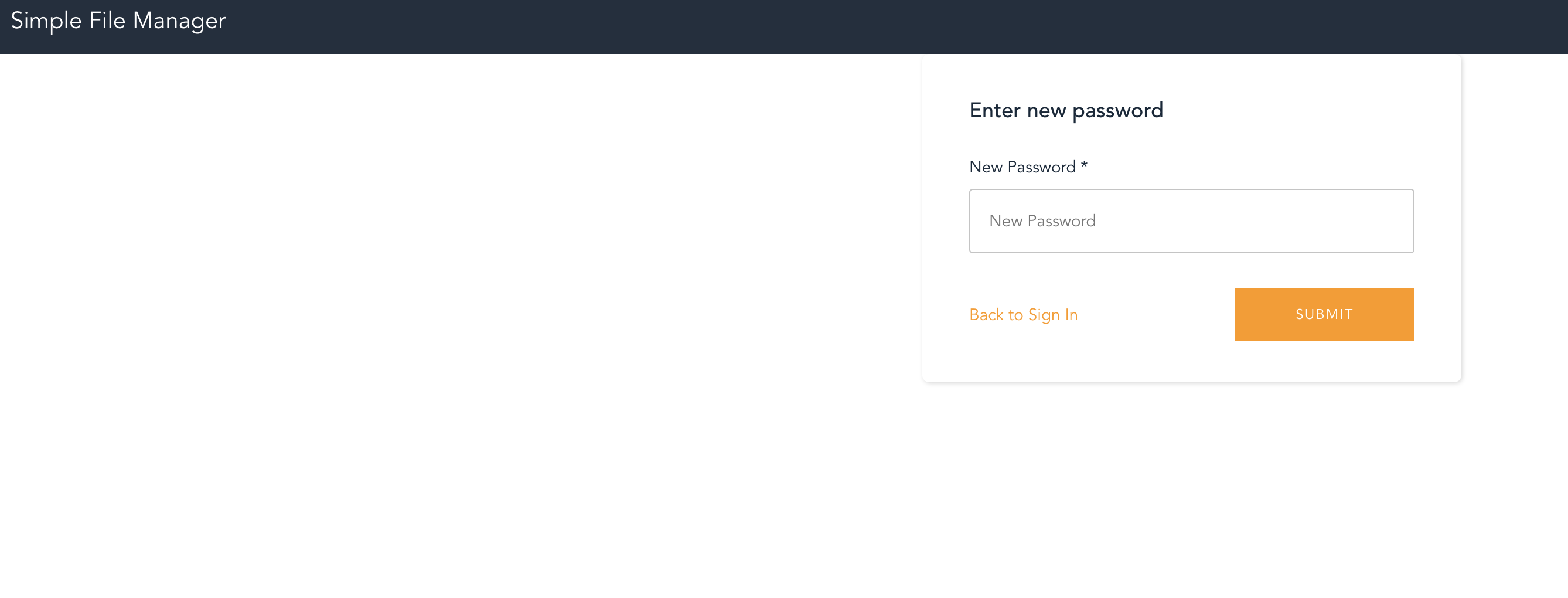 Screenshot of the reset password screen for the Simple File Manager application using Amazon EFS, showing a form to enter a new password and a submit button.