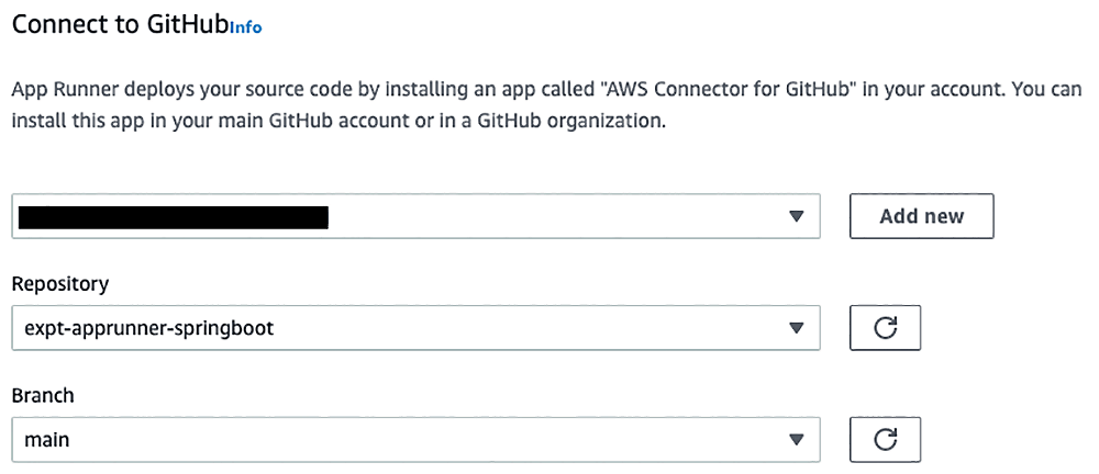Screenshot of the AWS App Runner interface showing the process to connect to GitHub, with 'AWS Connector for GitHub' for deploying code from the expt-apprunner-springboot repository on the main branch.