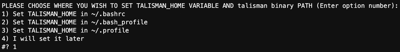 Screenshot of a terminal prompt asking the user where to set the TALISMAN_HOME variable and talisman binary PATH, providing options to set it in .bashrc, .bash_profile, .profile, or to set it later.