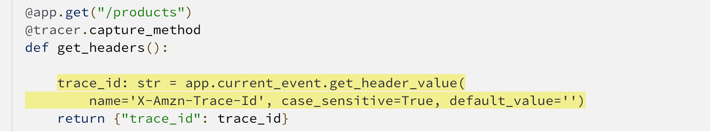Screenshot of Python code demonstrating AWS Lambda Powertools Tracer usage. The code shows a FastAPI endpoint decorated with tracer.capture_method, extracting a trace_id from the request header 'X-Amzn-Trace-Id' and returning it in a response JSON object.