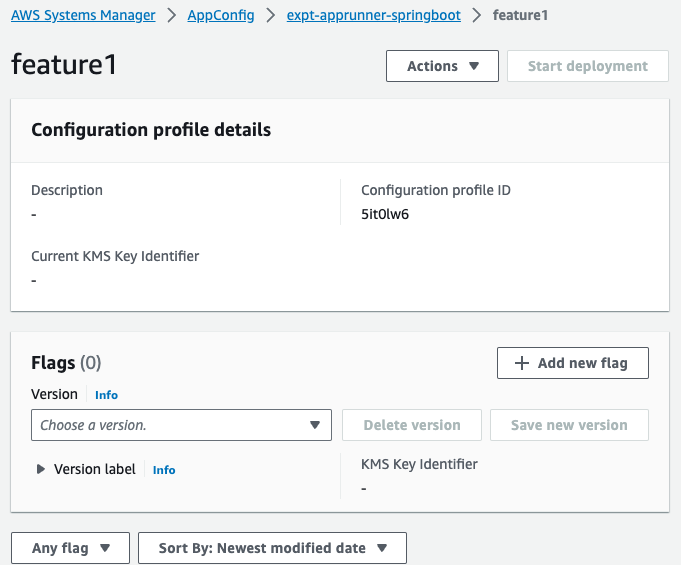 Screenshot of the AWS AppConfig console showing configuration profile details for feature1, including profile ID, KMS Key Identifier, and flags section.