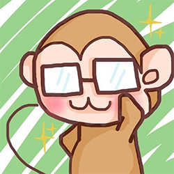 A cartoon illustration of a monkey wearing glasses, smiling and gesturing with one hand, on a green striped background with sparkles.