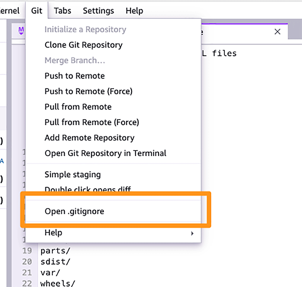 Screenshot of the Git menu in a development environment, with the 'Open .gitignore' option highlighted. The menu includes options for repository actions such as clone, push, pull, and add remote repository.