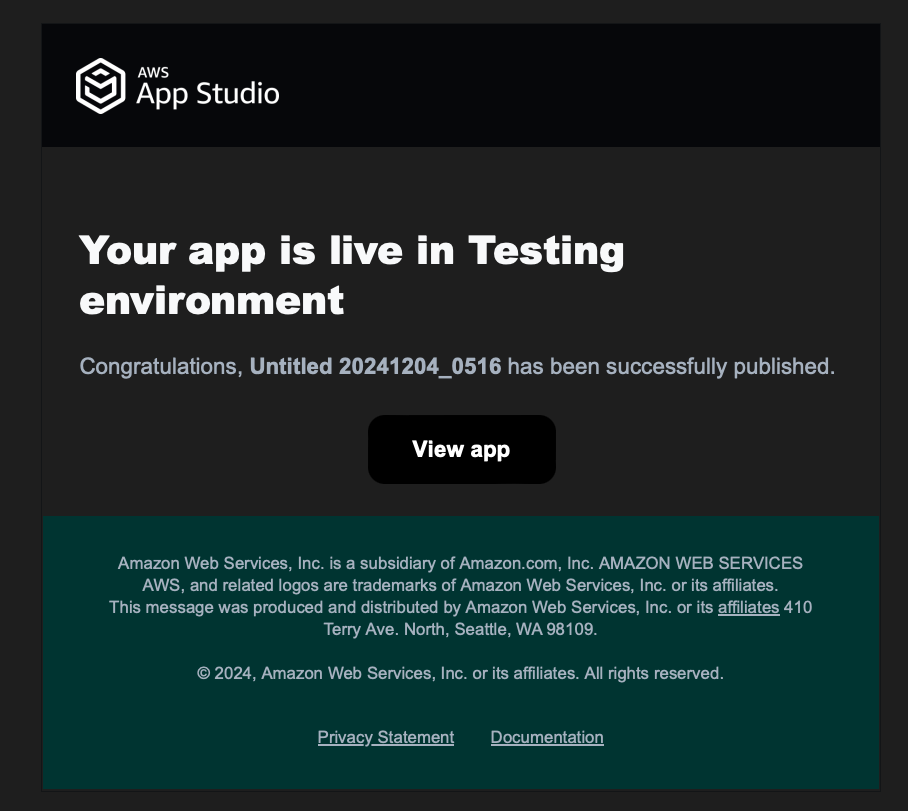 A notification from AWS App Studio indicating that an app is live in the Testing environment, showing a successful publishing message and a 'View app' button.