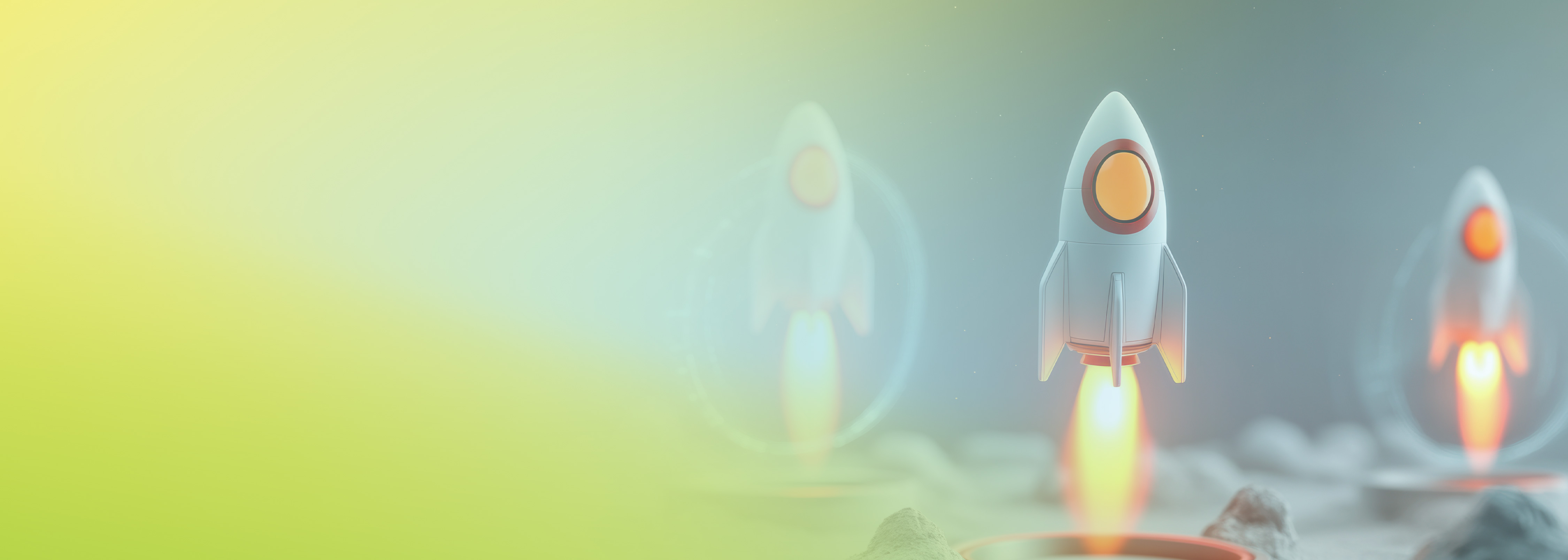 An illustration of rockets launching, representing AWS Lambda SnapStart. The background features soft gradients with a focus on a rocket taking off, symbolizing speed and innovation in cloud computing.