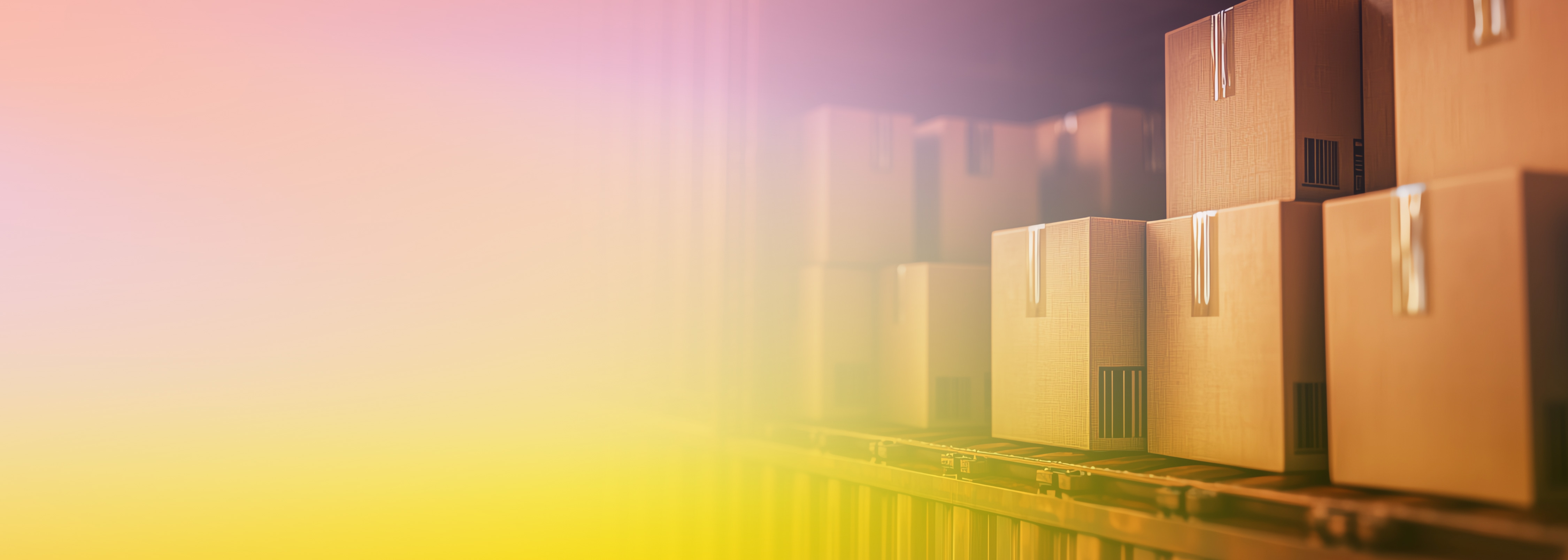 Cardboard boxes stacked inside a shipping container, with soft warm lighting and a gradient overlay.