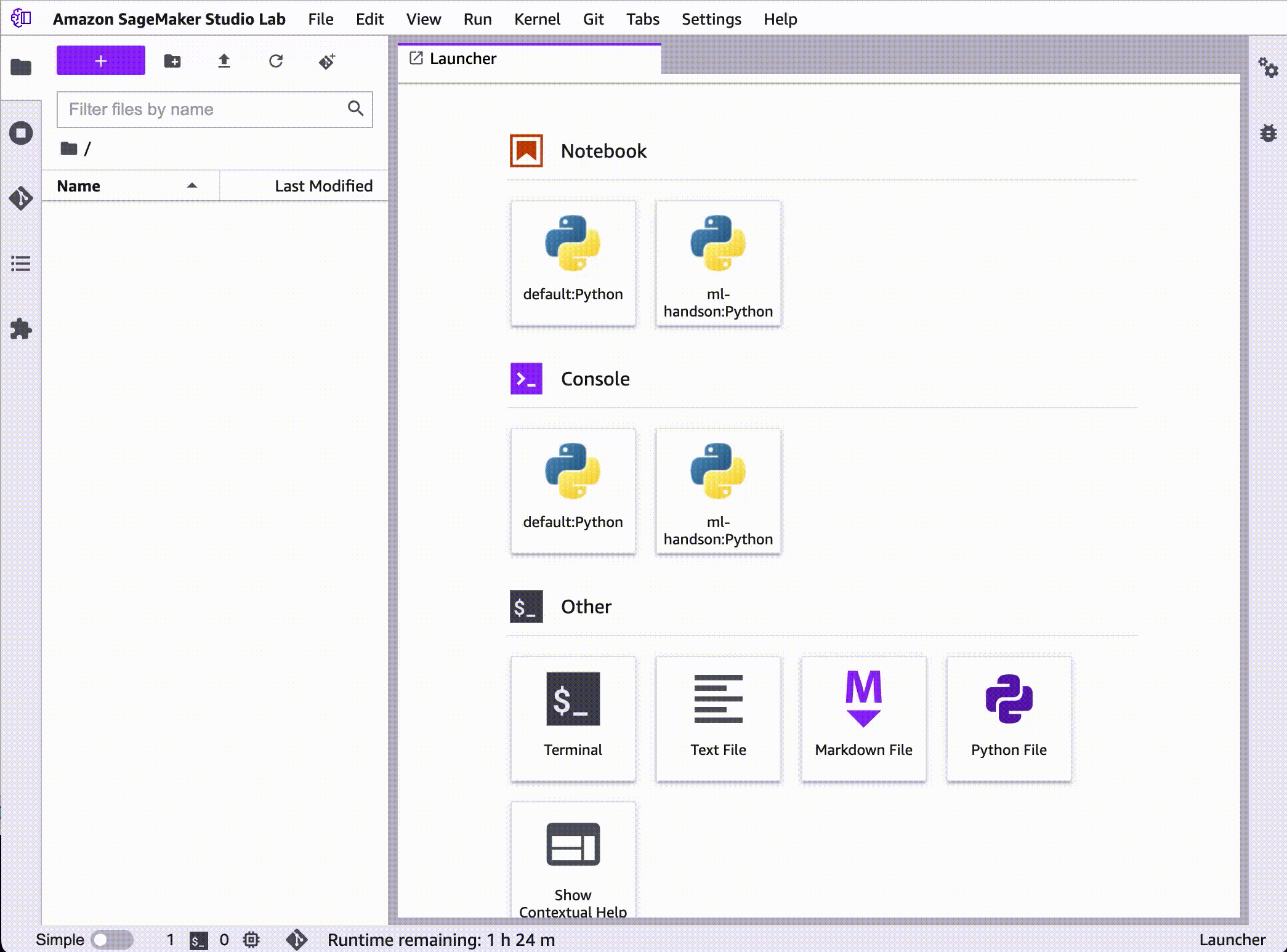 Animated screenshot showing the Amazon SageMaker Studio Lab launcher interface, displaying options to create Python notebooks, open terminals, and work with various file types such as text, markdown, and Python files.