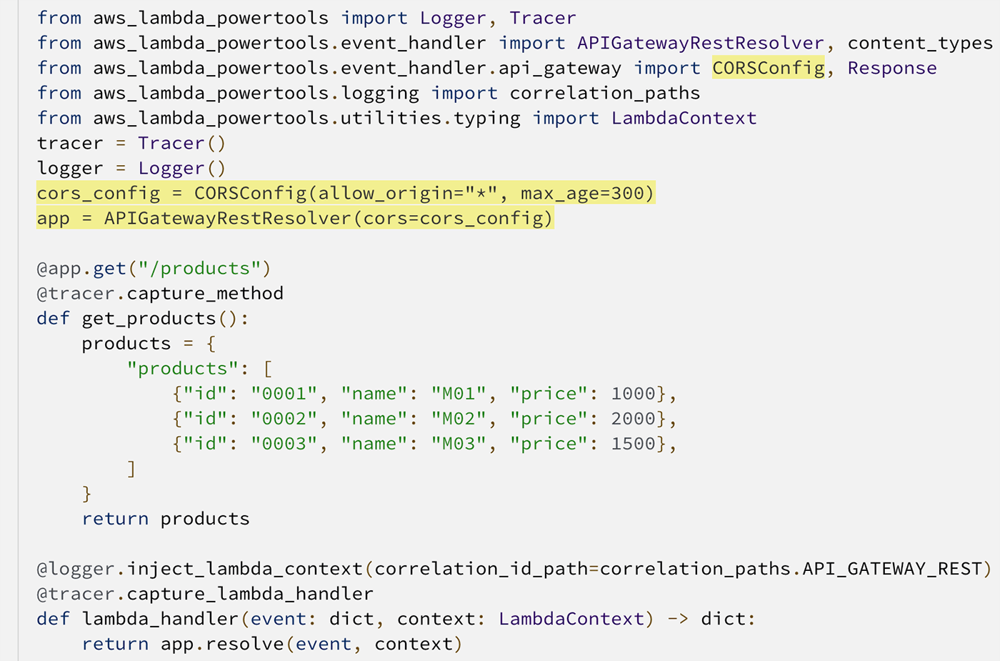 Screenshot of a Python code example demonstrating the use of AWS Lambda Powertools for logging, tracing, and API Gateway REST resolver with CORSConfig. The highlighted section shows CORS configuration and an example function for handling product data via API.
