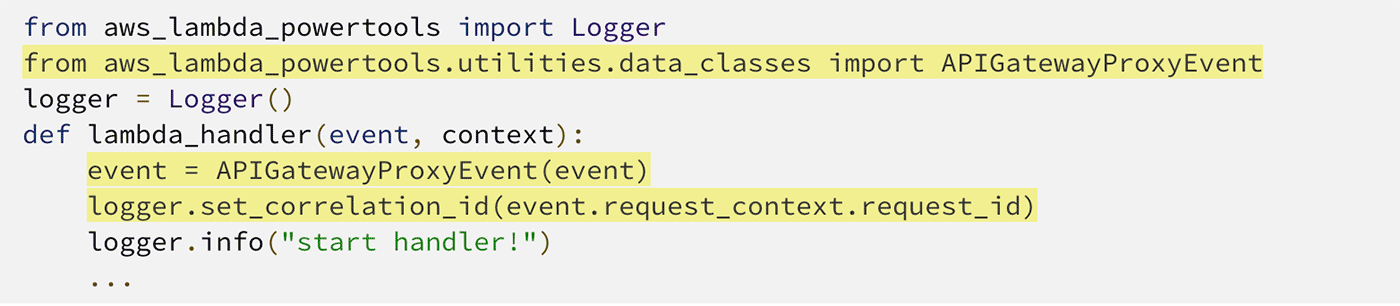 Screenshot of a Python code snippet demonstrating the usage of AWS Lambda Powertools Logger and APIGatewayProxyEvent. The code shows importing necessary modules and setting a correlation ID for API Gateway events in a Lambda function handler.