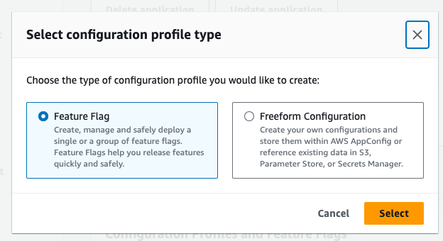 Screenshot of the AWS AppConfig interface showing the 'Select configuration profile type' dialog, where users can choose between creating a Feature Flag or a Freeform Configuration profile.