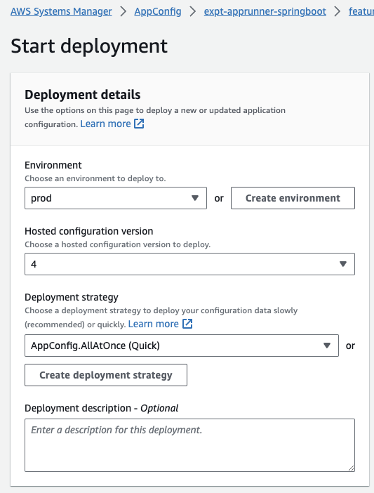 Screenshot of the 'Start deployment' screen in AWS AppConfig showing options for environment selection, hosted configuration version, deployment strategy, and optional deployment description.