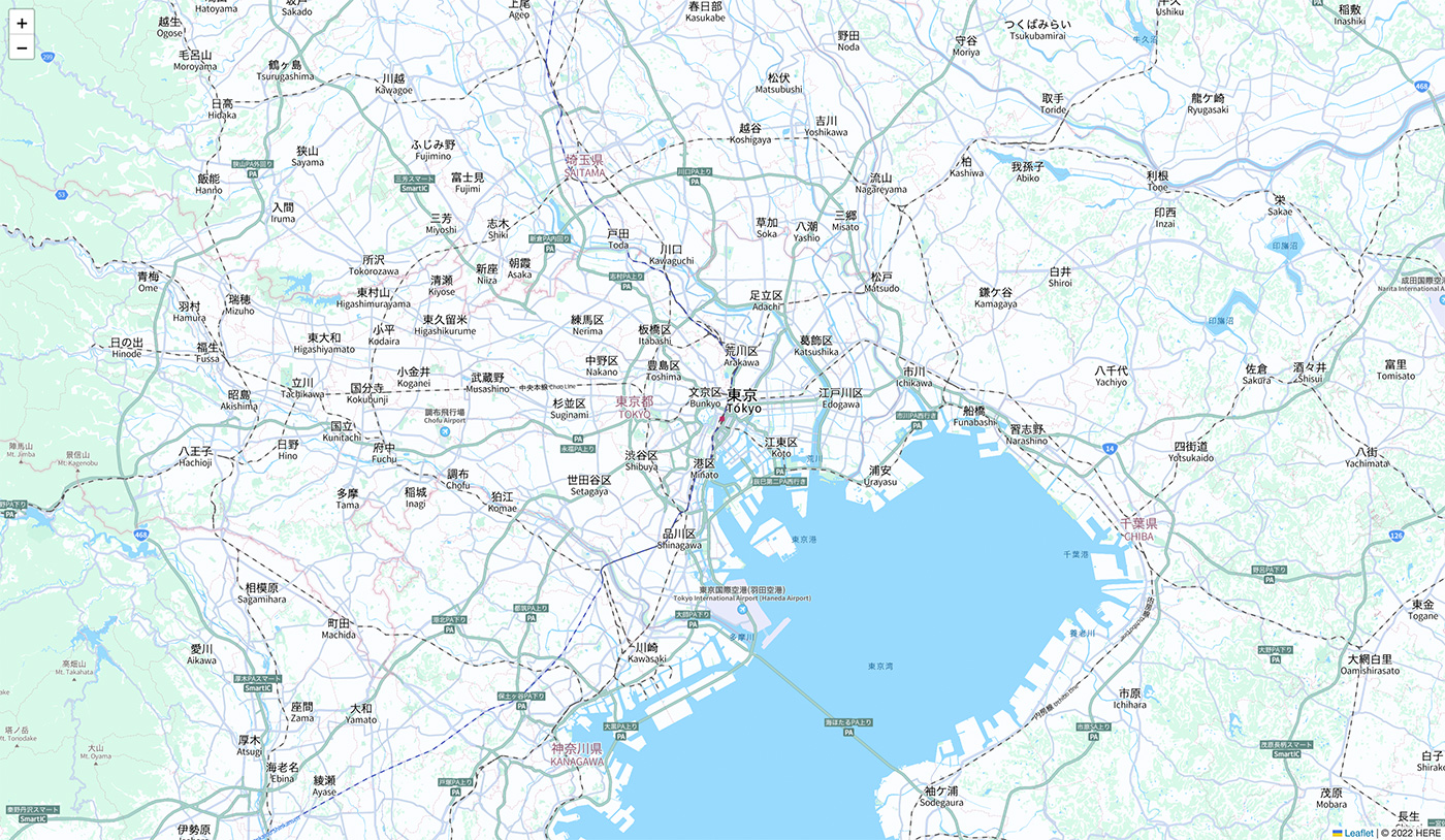 A detailed map of the Tokyo metropolitan area featuring city, district, and transportation labels in Japanese.
