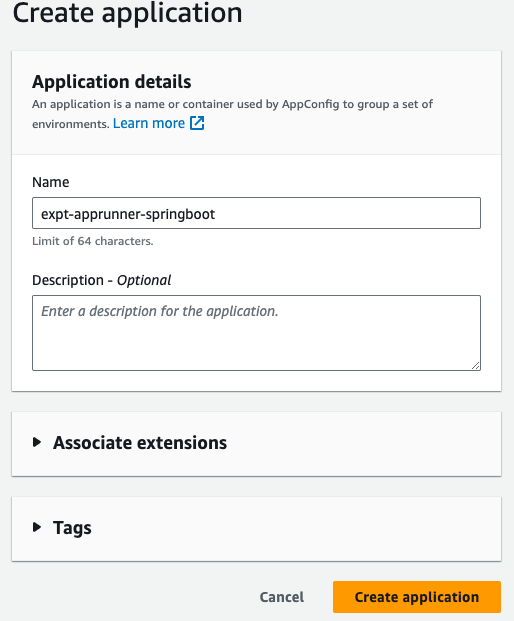 Screenshot of the AWS AppConfig interface showing the 'Create application' screen with the example application name 'expt-apprunner-springboot'. The page includes sections for application details, description, associate extensions, and tags, with options to cancel or create the application.
