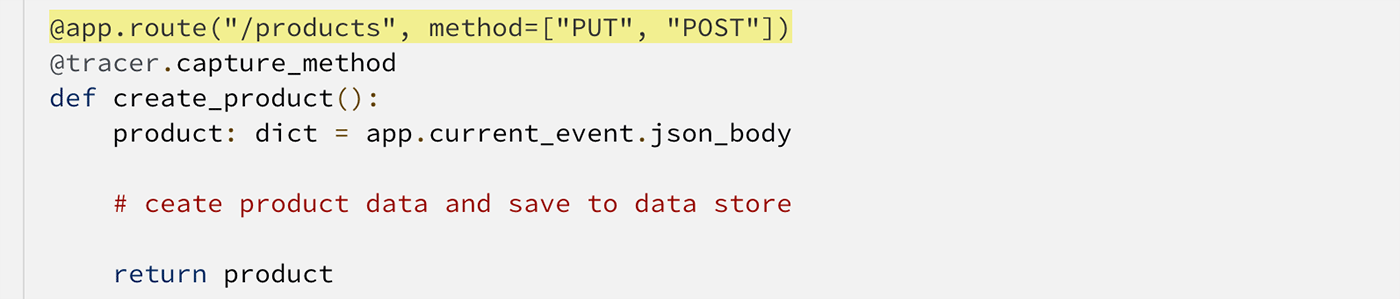 Screenshot of a Python code snippet using AWS Lambda Powertools. The code shows a route decorator for '/products' using PUT and POST methods, a tracer decorator, and a function to create product data from the current event's JSON body. The comment indicates creating product data and saving it to a data store.