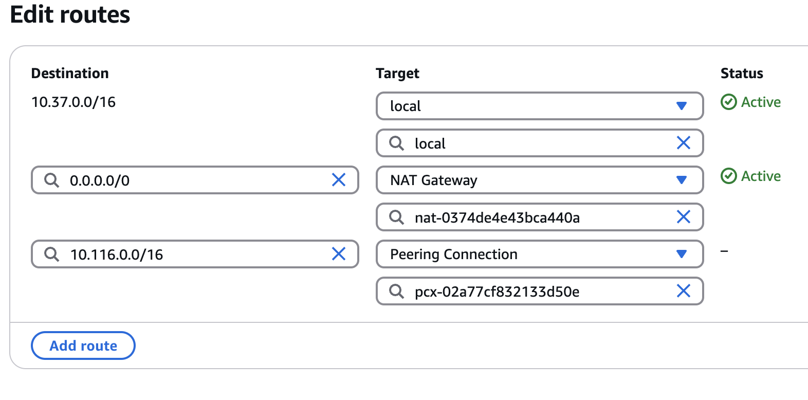 Screenshot of the 'Edit routes' screen in an AWS VPC route table. The image shows configuration of network routes with destinations, targets, and status indicators, including local, NAT Gateway, and Peering Connection entries.