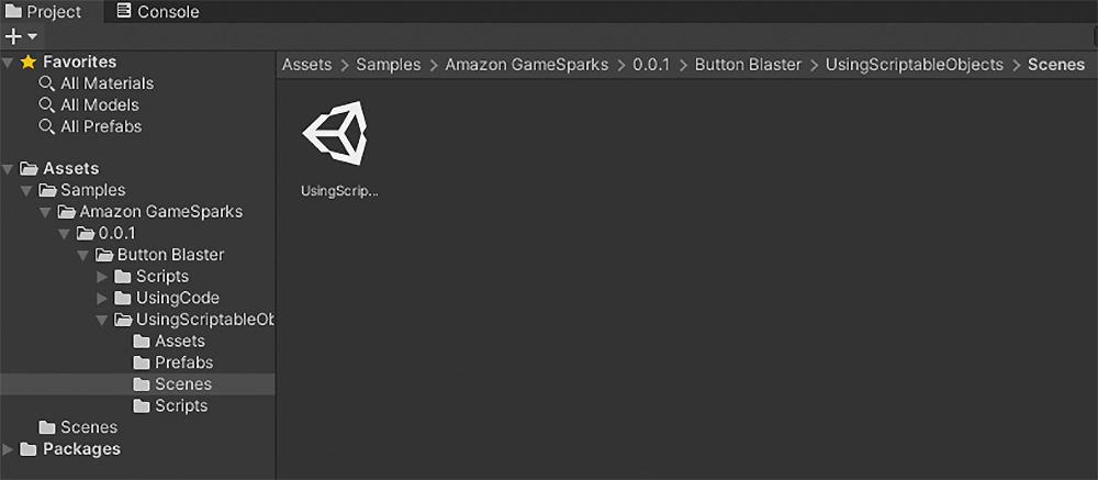 Screenshot of the Unity Editor showing the folder structure of an Amazon GameSparks sample project, specifically the Button Blaster example, with directories for assets, scripts, prefabs, and scenes.