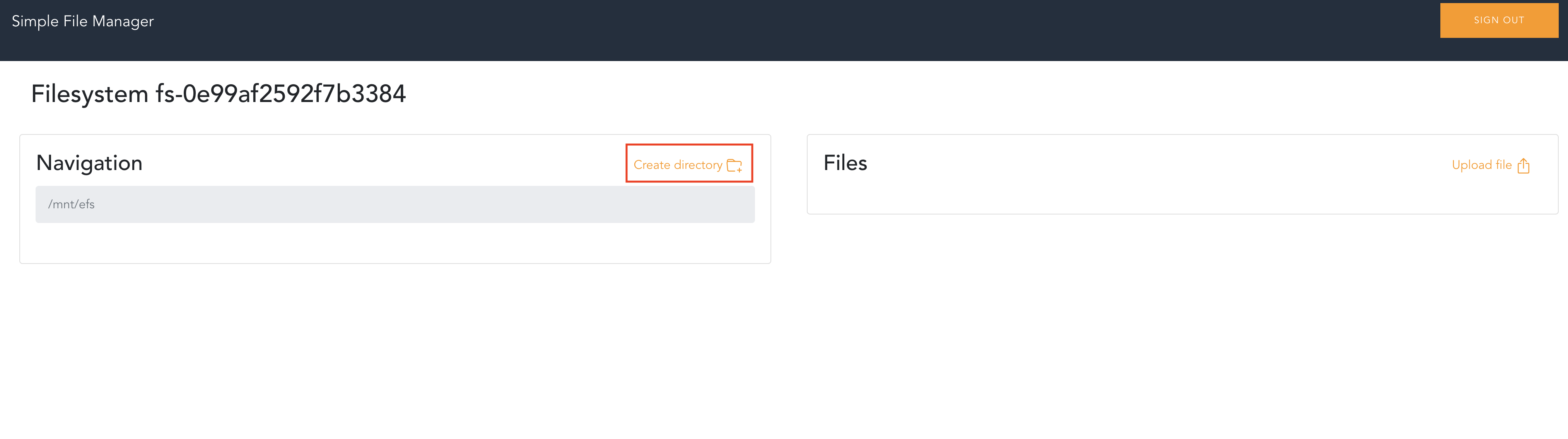 Screenshot of the Amazon EFS Simple File Manager interface showing filesystem navigation, directory creation, and file upload options.
