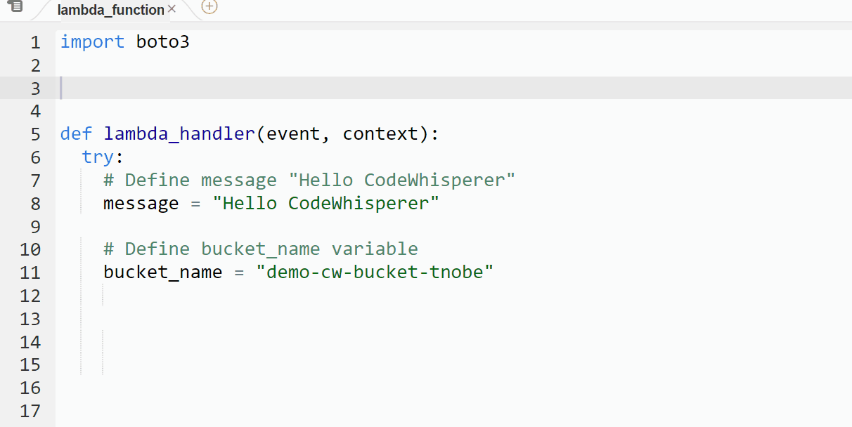 Screenshot showing Python code for an AWS Lambda function using Boto3, demonstrating a 'Hello CodeWhisperer' message and defining an S3 bucket name variable.