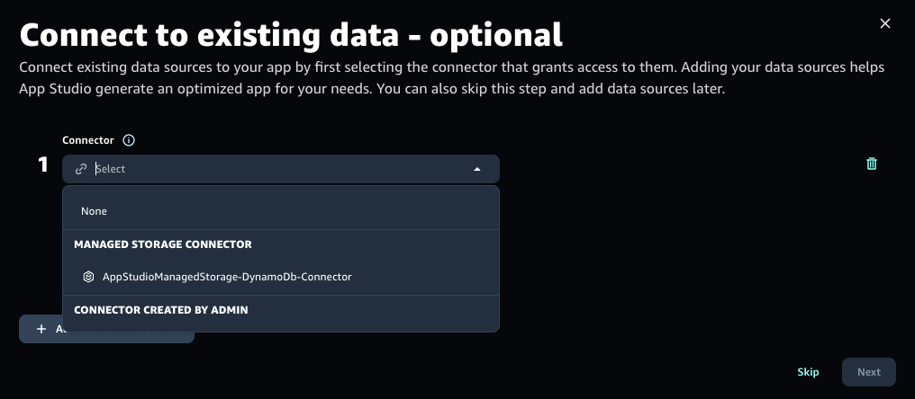 Screenshot of the AWS App Studio interface showing the optional step to connect existing data sources by selecting a connector, such as DynamoDB, to allow access to data sources. Users can choose to skip this step and add data sources later.