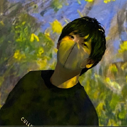 A digital portrait of a person wearing a mask, featuring an artistic, colorful background with shades of green, yellow, and blue.